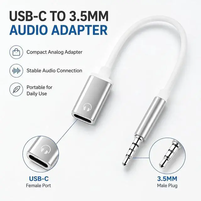 Alt view image 4 of 7 - 3.5mm Male to Type-C Female Audio Adapter Cable, White, Compatible with Smartphones, MP3 Players, Laptops, Tablets
