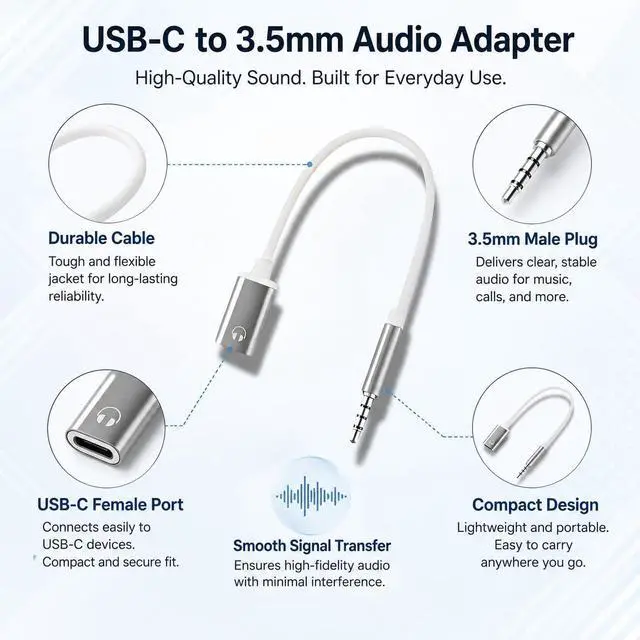 Alt view image 5 of 7 - 3.5mm Male to Type-C Female Audio Adapter Cable, White, Compatible with Smartphones, MP3 Players, Laptops, Tablets