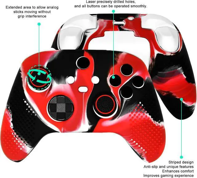 Alt view image 3 of 7 - Anti-Slip Red Black Controller Skin,Studded Edition Protective Silicone Cover Skin Grips Compatible with Xbox Series X/S Controller and 6 PCS Thumb Grips Caps.