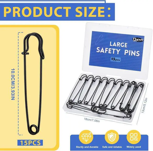 Alt view image 2 of 7 - Large Safety Pins 4 Inch 15 Pack Heavy Duty Safety Pins Black | Rust Resistant Heavy Duty Safety Pins for Clothes, Diapers, Blankets, Laundry, Leather Canvas, DIY Crafts