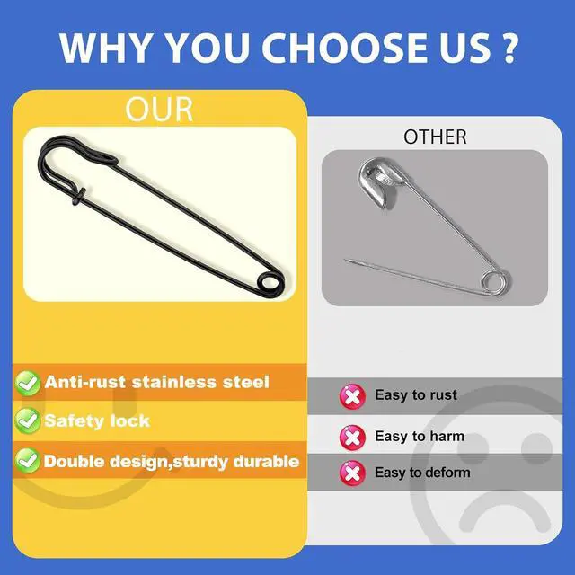 Alt view image 5 of 7 - Large Safety Pins 4 Inch 15 Pack Heavy Duty Safety Pins Black | Rust Resistant Heavy Duty Safety Pins for Clothes, Diapers, Blankets, Laundry, Leather Canvas, DIY Crafts