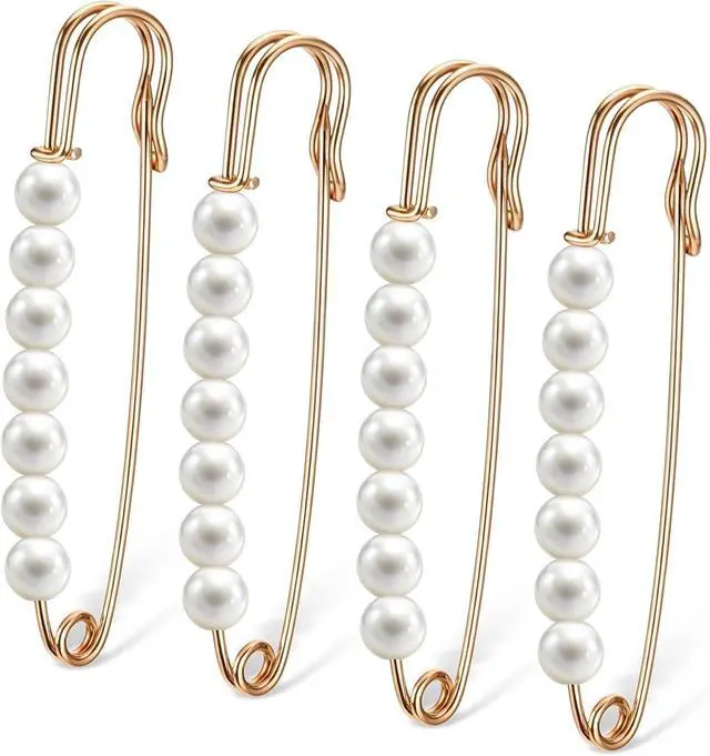 Main image of Ymapinc Gold Pearl Brooch Pins for Women, 4Pcs Large Safety Pins Decor for Clothing Hijab Sweater Shirt Skirts Dresses Pants Sleeves Hats Collars Scarves Bags Fashion Wedding