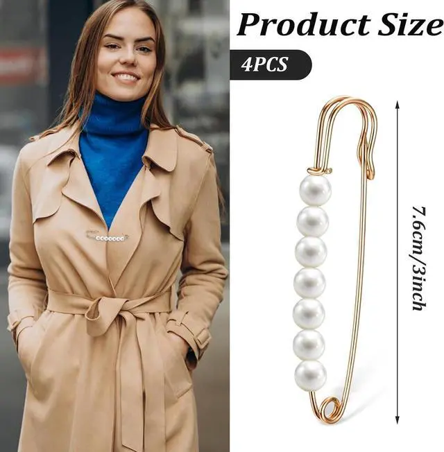Alt view image 2 of 7 - Ymapinc Gold Pearl Brooch Pins for Women, 4Pcs Large Safety Pins Decor for Clothing Hijab Sweater Shirt Skirts Dresses Pants Sleeves Hats Collars Scarves Bags Fashion Wedding