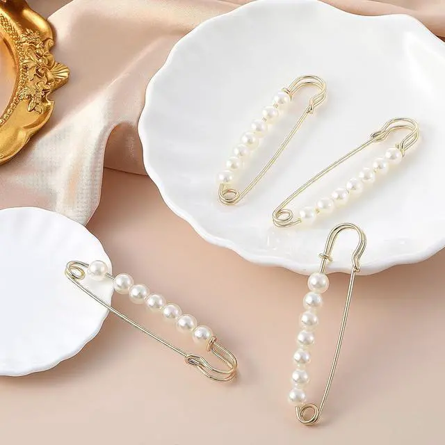 Alt view image 7 of 7 - Ymapinc Gold Pearl Brooch Pins for Women, 4Pcs Large Safety Pins Decor for Clothing Hijab Sweater Shirt Skirts Dresses Pants Sleeves Hats Collars Scarves Bags Fashion Wedding