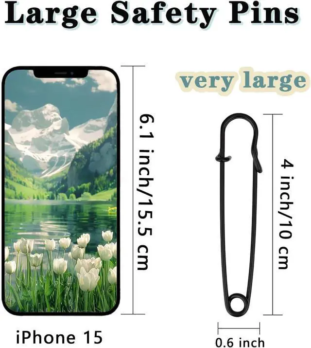 Alt view image 3 of 6 - 15Pcs 4" Heavy Duty Steel Black Safety Pins for Blankets & Clothes | 4" durable steel black pins easily pierce wool, canvas & leather. Rust-resistant, snag-free hold for blankets & kilts