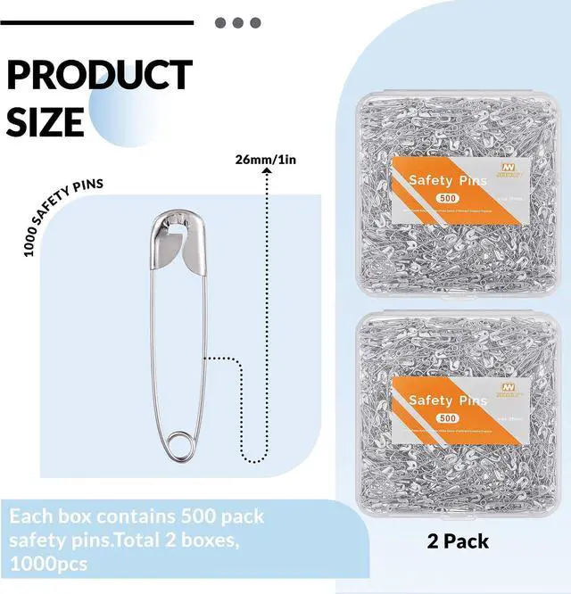 Alt view image 2 of 6 - NEEWAY 1000pcs 1 Inch Small Safety Pins, Silver Safety Pins for Clothes - 2 Pack, 500 Pins Per Box
