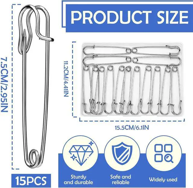 Alt view image 2 of 7 - Large Safety Pins, 15 Pack Heavy Duty Safety Pins 3 Inch | Stainless Steel Large Safety Pins for Clothes, Blankets, Laundry, Leather Canvas, DIY Crafts