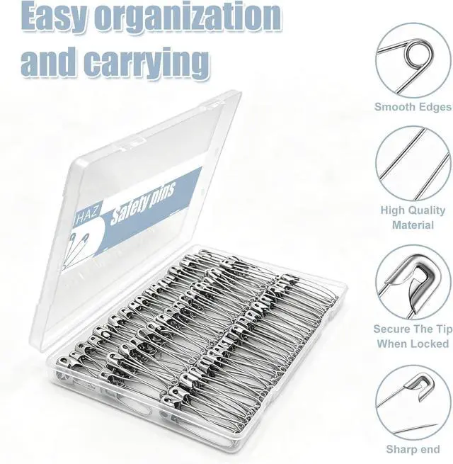 Alt view image 3 of 5 - 2.2 Inch Heavy Duty Safety Pins, 200 Pack, Stainless Steel | Rust Resistant, 55mm, Bulk Large Pins for Clothes, Sewing, Diapers, Craft, Quilting, Jewelry Making