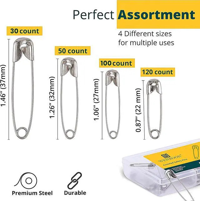 Alt view image 3 of 6 - Wenrook 300 Pack Safety Pins, Large & Small Safety Pins for Clothes | 4 Assorted Sizes, Durable Nickel Plated Steel, Safety Pins for Clothes, Crafts, Pinning and More