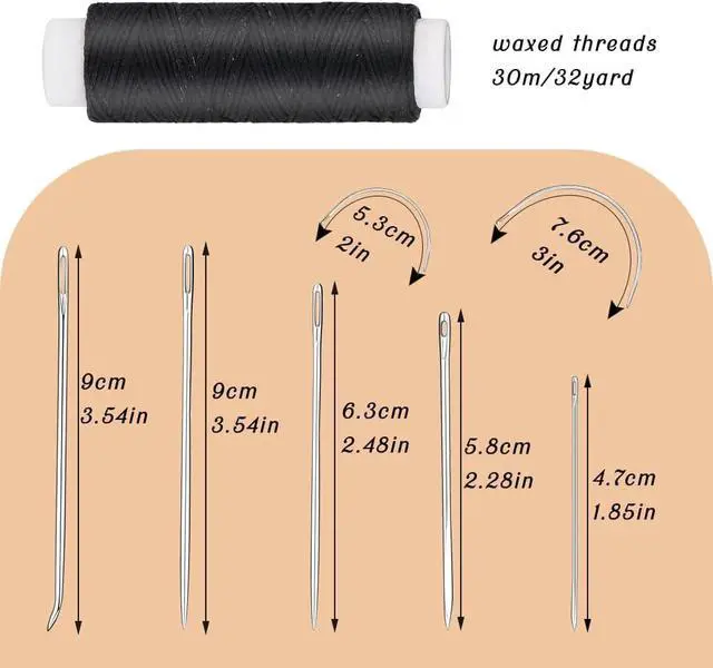 Alt view image 2 of 7 - Ftyiwu Waxed Thread 32 Yards Upholstery Needle and Thread for Leather | Black Waxed Thread for Leather with 7PCS Hand Sewing Needles for Home Upholstery Carpet Canvas Repair Leather Sewing