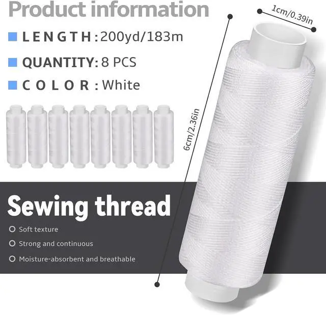 Alt view image 2 of 7 - Bupete 8 Rolls White Thread for Sewing, 200 Yards Each Roll Sewing Thread | Polyester Threads, Sewing Thread for Sewing Machine, Embroidery Hand Stitching