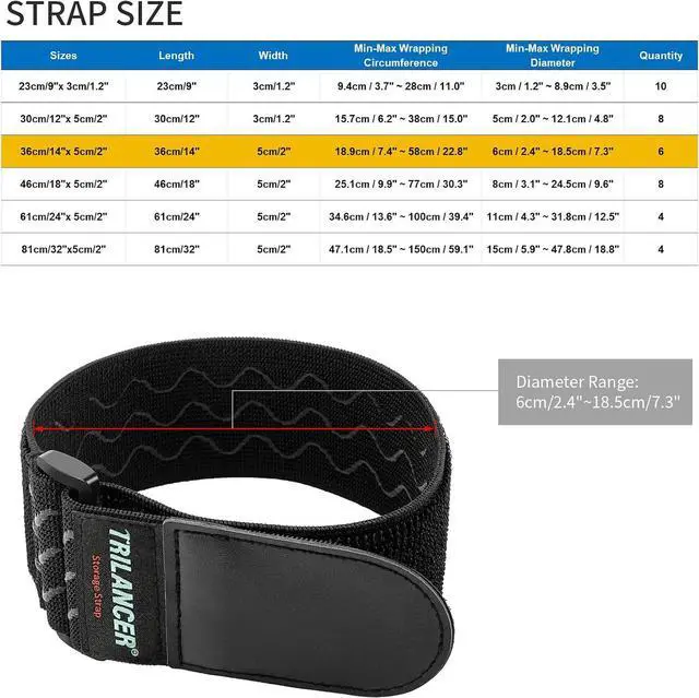 Alt view image 3 of 7 - Trilancer Elastic Cinch Straps with Anti-Slip Strips, 14'' x 2'' (6 Pack) | Multipurpose Hook and Loop Bundling Straps for Hose, Cords, Bike, Luggage, Camping, Yoga Mats