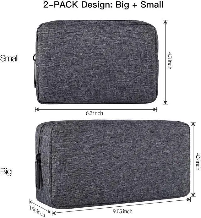 Alt view image 2 of 7 - Universal Electronics Accessories Carrying Case, 2PCS Big + Small Portable Storage Pouch, Cosmetic Bag, Cable Organizer Compatible Hard Drive, Mouse, Power Bank, Adapter, Cellphone, Space Gray