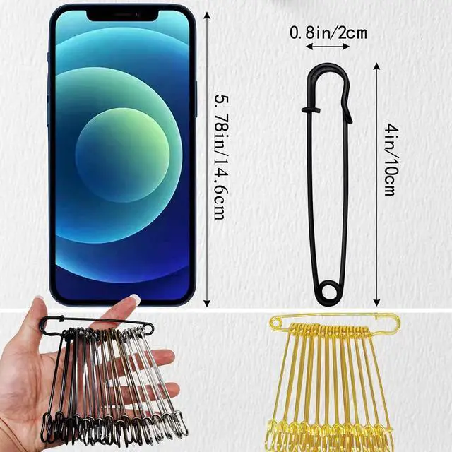 Alt view image 2 of 7 - Safety Pins (Upgraded), 4" Large Safety Pin Pack of 15 for Clothes Leather Canvas Blankets Crafts Skirts Kilts, Extra Large Heavy Duty Safety Pins (Black)