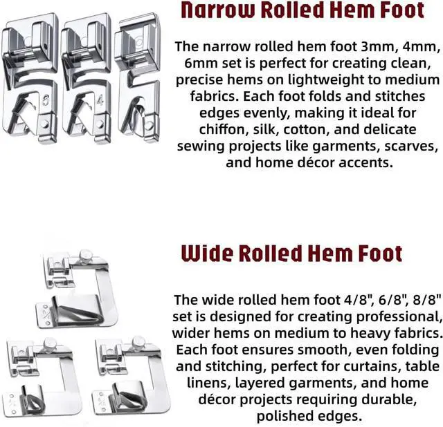 Alt view image 3 of 7 - Hemming Foot Kit 6Pcs Includes Wide Rolled Hem Foot Set and Narrow Foot Hemmer Set for Brother, Singer Janome Low Shank Sewing Machines Use
