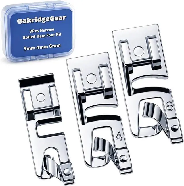 Main image of 3Pcs Narrow Rolled Hem Sewing Machine Presser Foot Set (3mm, 4mm and 6mm) for All Low Shank Snap-On Singer, Brother, Janome, Babylock, Euro-Pro, Kenmore, White, Elna Sewing Machines