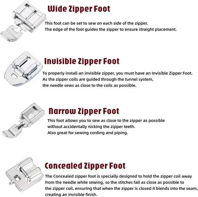 Alt view image 3 of 7 - Zipper Presser Foot Kit 4pcs Wide, Narrow, Invisible & Concealed Zipper Presser Feet for Precise Zipper Installation for All Low Shank Snap on Singer, Brother, Babylock, Janome Sewing Machines
