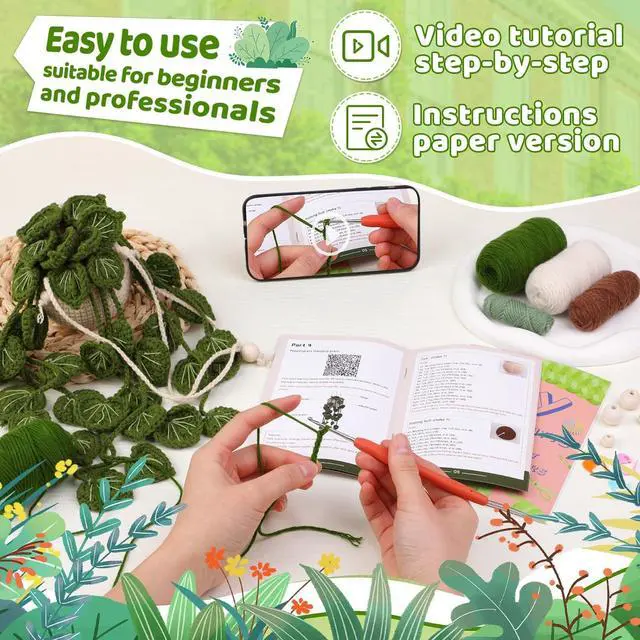 Alt view image 3 of 7 - kdafio Crochet Kit for Beginners Hanging Potted Plants Crochet Starter Kit | Crochet Starter Kits with Step-by-Step Video Tutorials, Hanging Potted Plants for Beginners Decoration (Green Plants)