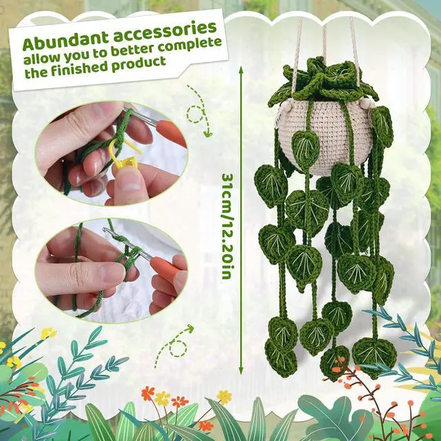 Alt view image 5 of 7 - kdafio Crochet Kit for Beginners Hanging Potted Plants Crochet Starter Kit | Crochet Starter Kits with Step-by-Step Video Tutorials, Hanging Potted Plants for Beginners Decoration (Green Plants)