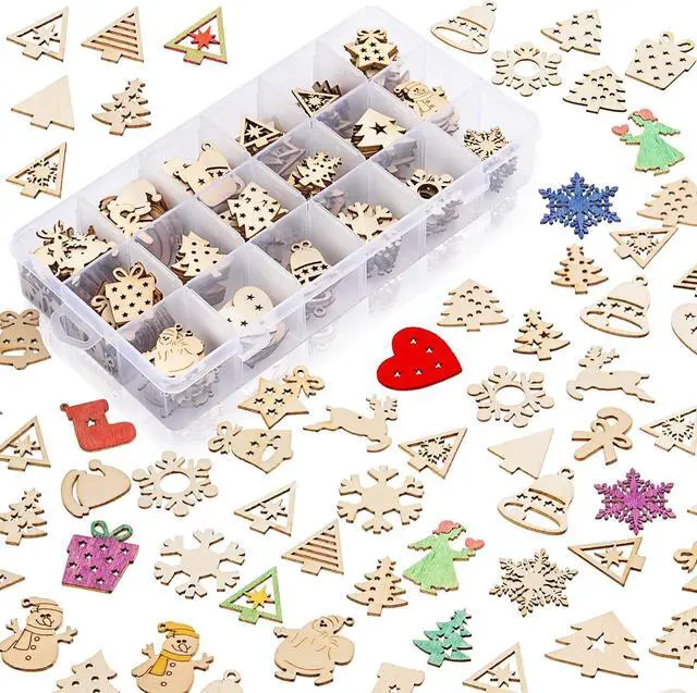 Main image of 300 Pieces Unfinished Mini Wooden Christmas Ornaments DIY Wooden Christmas Ornaments Mini Blank Wood Slice Cutout Xmas Craft for Holiday Winter Xmas Tree Hanging Decoration DIY Craft,30 Styles