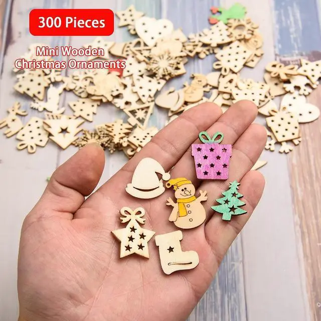 Alt view image 2 of 7 - 300 Pieces Unfinished Mini Wooden Christmas Ornaments DIY Wooden Christmas Ornaments Mini Blank Wood Slice Cutout Xmas Craft for Holiday Winter Xmas Tree Hanging Decoration DIY Craft,30 Styles