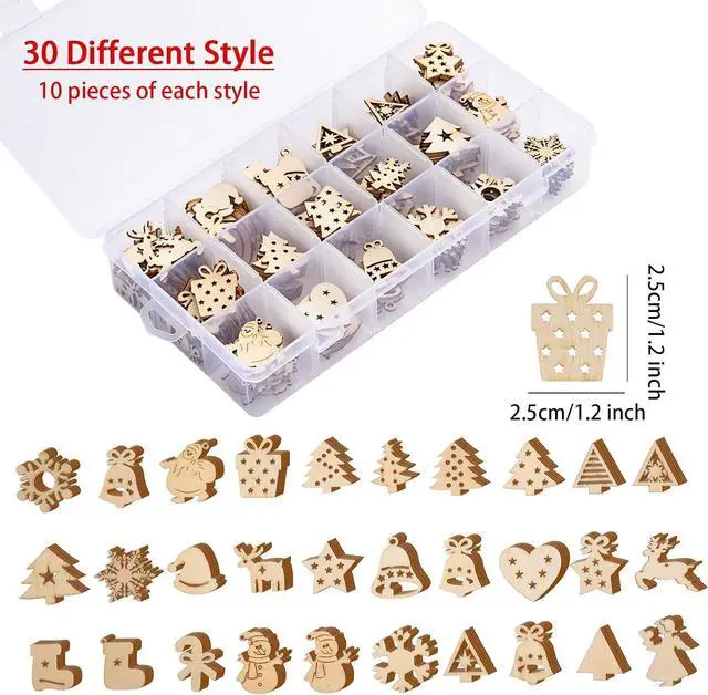 Alt view image 3 of 7 - 300 Pieces Unfinished Mini Wooden Christmas Ornaments DIY Wooden Christmas Ornaments Mini Blank Wood Slice Cutout Xmas Craft for Holiday Winter Xmas Tree Hanging Decoration DIY Craft,30 Styles
