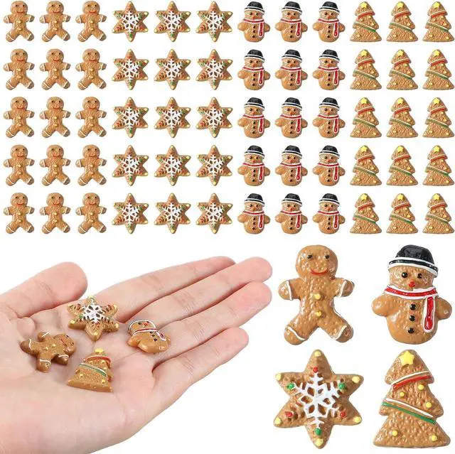Main image of Realspring 60 Pcs Christmas Mini Gingerbread Miniature Figurines Resin | 4 Designs Man Snowman Star Tree, Flatback Resin for Holiday Themed Crafts, Sensory Bottle Figures, Card Making Projects