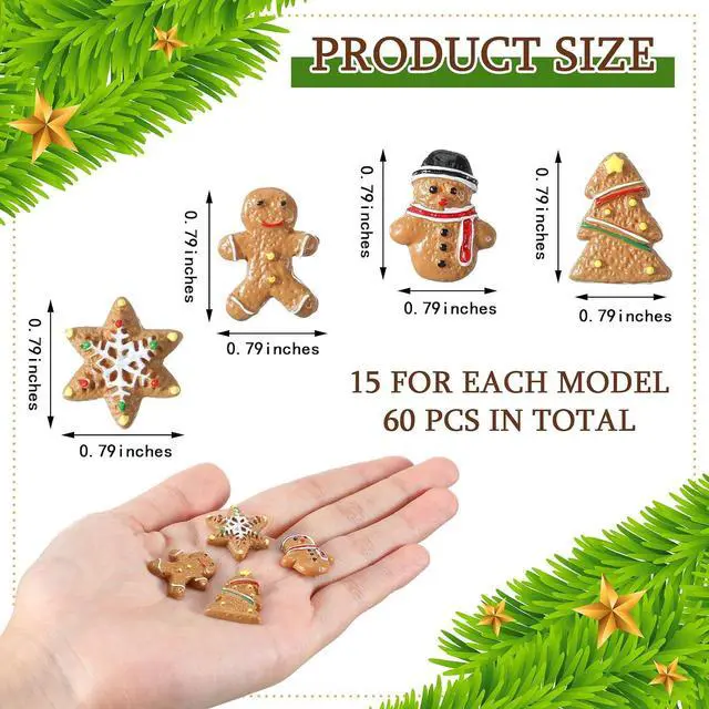 Alt view image 2 of 6 - Realspring 60 Pcs Christmas Mini Gingerbread Miniature Figurines Resin | 4 Designs Man Snowman Star Tree, Flatback Resin for Holiday Themed Crafts, Sensory Bottle Figures, Card Making Projects