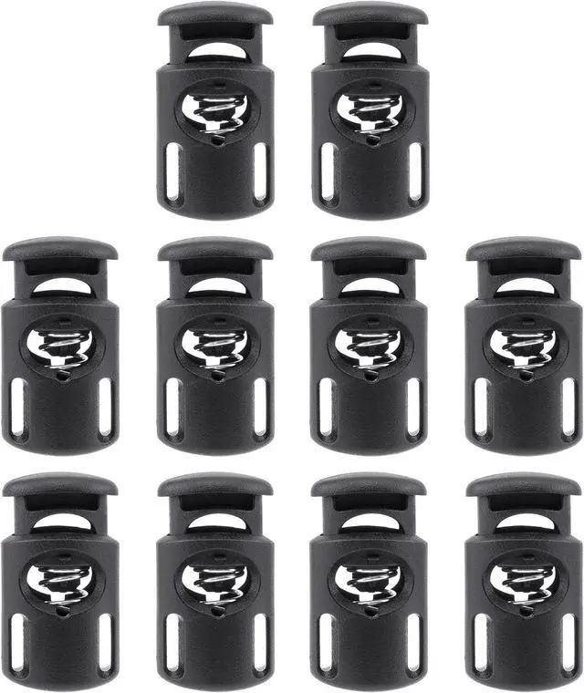 Main image of BlingKingdom 10 PCS Plastic Cord Locks, Single Hole Elastic Cord Adjuster, Spring Toggle Stopper Fastener for Drawstrings, Paracord, Bags, Shoelaces, Clothing, Tent (Black)