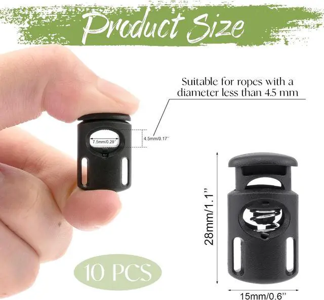 Alt view image 3 of 7 - BlingKingdom 10 PCS Plastic Cord Locks, Single Hole Elastic Cord Adjuster, Spring Toggle Stopper Fastener for Drawstrings, Paracord, Bags, Shoelaces, Clothing, Tent (Black)