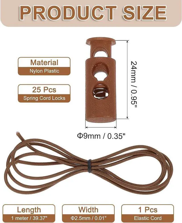 Alt view image 2 of 6 - uxcell 25 Pcs Double Hole Cord Locks with 39Inch Elastic Shock Cord, Plastic Spring Toggle Stopper Clip with Stretch String for Shoelaces Drawstrings Paracord, Coffee