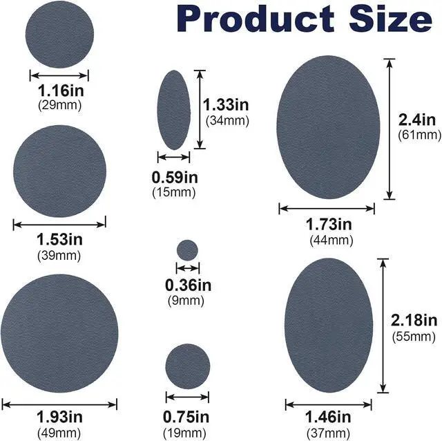 Alt view image 2 of 6 - SmallCat 24 pcs Down Jacket Repair Patches, Nylon Patches Self Adhesive, Blue/Black/Gray Fabric Patches Waterproof for Clothes, Tents, Puffer Jackets - Oval, Round, 3 Sheet