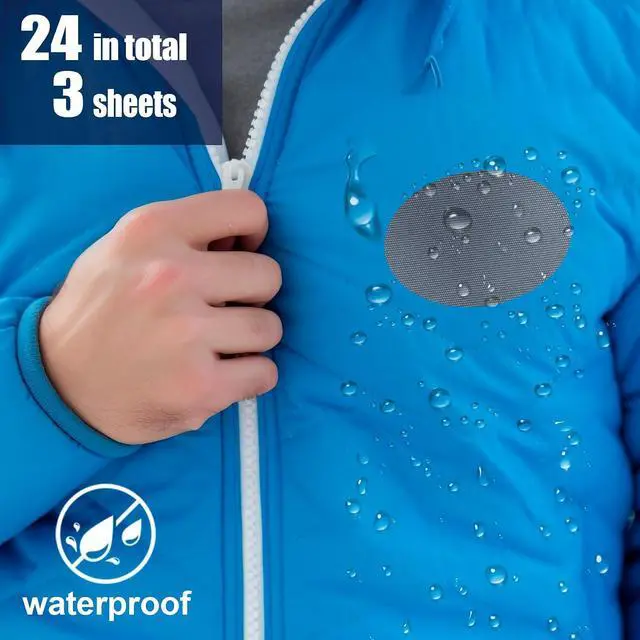 Alt view image 3 of 6 - SmallCat 24 pcs Down Jacket Repair Patches, Nylon Patches Self Adhesive, Blue/Black/Gray Fabric Patches Waterproof for Clothes, Tents, Puffer Jackets - Oval, Round, 3 Sheet