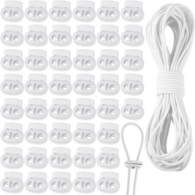 Main image of Patelai 50 Pieces Cord Locks Spring Toggles Stoppers Plastic Single Hole End Stopper Slider and 1/8 Inch 66 Feet Elastic Bungee Cord for Drawstring Shoelaces Clothing Bags(White, Simple Style)