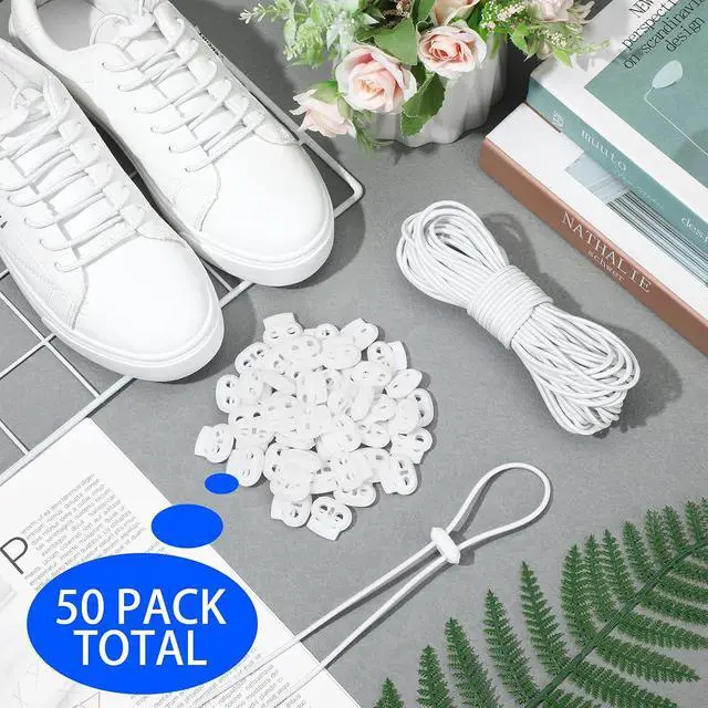 Alt view image 2 of 7 - Patelai 50 Pieces Cord Locks Spring Toggles Stoppers Plastic Single Hole End Stopper Slider and 1/8 Inch 66 Feet Elastic Bungee Cord for Drawstring Shoelaces Clothing Bags(White, Simple Style)