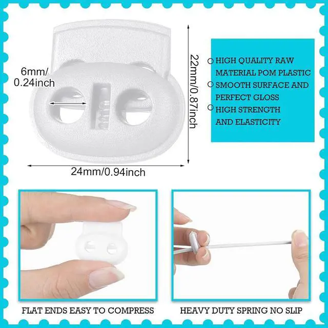 Alt view image 3 of 7 - Patelai 50 Pieces Cord Locks Spring Toggles Stoppers Plastic Single Hole End Stopper Slider and 1/8 Inch 66 Feet Elastic Bungee Cord for Drawstring Shoelaces Clothing Bags(White, Simple Style)