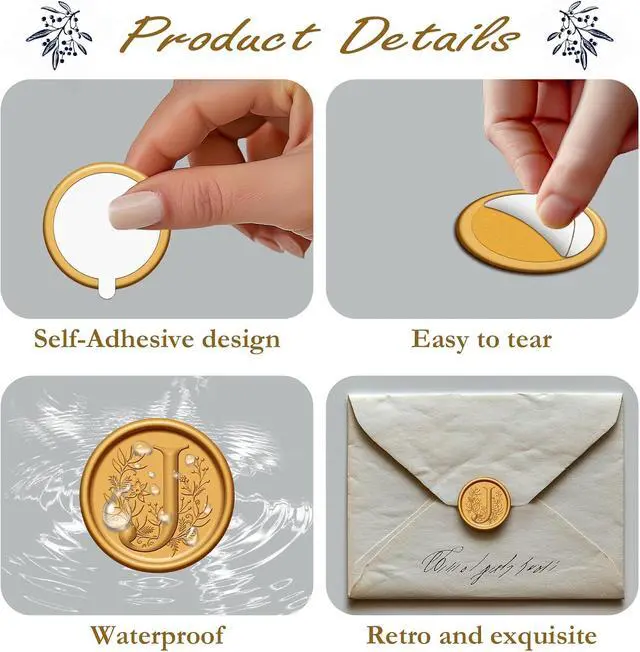 Alt view image 3 of 7 - 20 Pack Letter J Gold Initial Alphabet Self-Adhesive Wax Seal Stickers for Wedding Party Birthday Invitation Christmas Envelope Seals