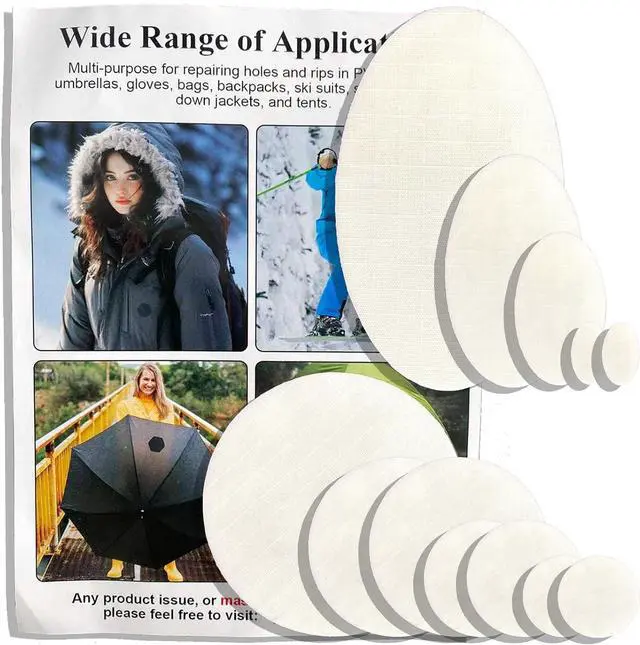 Main image of SYLVASS 12PCS Down Jacket Repair Patch, Waterproof Self-Adhesive Nylon Patches for Puffer Jackets, Tents, Sleeping Bags, Raincoats (Beige)