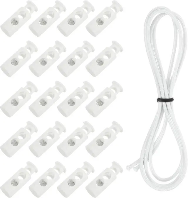Main image of uxcell 20 Pcs Double Hole Cord Locks with 39Inch Elastic Shock Cord, Plastic Spring Toggle Stopper Clip with Stretch String for Shoelaces Drawstrings Paracord, White