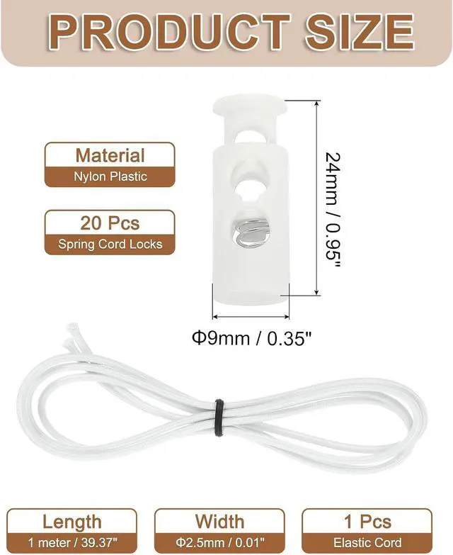 Alt view image 2 of 6 - uxcell 20 Pcs Double Hole Cord Locks with 39Inch Elastic Shock Cord, Plastic Spring Toggle Stopper Clip with Stretch String for Shoelaces Drawstrings Paracord, White