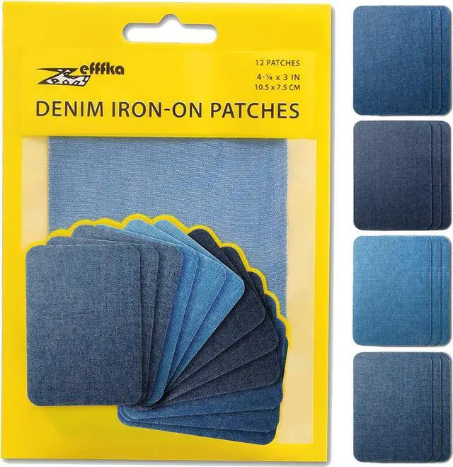 Main image of ZEFFFKA Denim Iron-on Patches Inside & Outside Strongest Glue 100% Cotton Black and White Repair Decorating Kit 12 Pieces Shades of Blue Size 3" by 4-1/4" (7.5 cm x 10.5 cm)