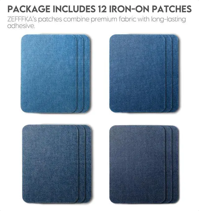 Alt view image 2 of 7 - ZEFFFKA Denim Iron-on Patches Inside & Outside Strongest Glue 100% Cotton Black and White Repair Decorating Kit 12 Pieces Shades of Blue Size 3" by 4-1/4" (7.5 cm x 10.5 cm)