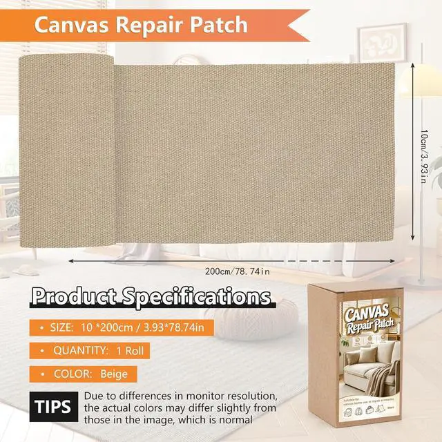 Alt view image 2 of 7 - Canvas Repair Tape, 4x79 Inches Self-Adhesive Canvas Patch Repair | Waterproof Fabric Tape for Couch Furniture, Handbag, Clothes, Sun Umbrella, Tent, Boat Cover (Beige)