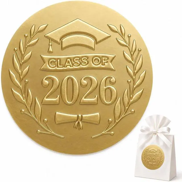Main image of Class of 2026 Graduation Stickers - 100 Pack Premium Matte Gold Embossed Labels - 1.6 Inch Round Self Adhesive Paper Seals for Invitations Envelopes Diploma Covers and Party Favors (Embossed)