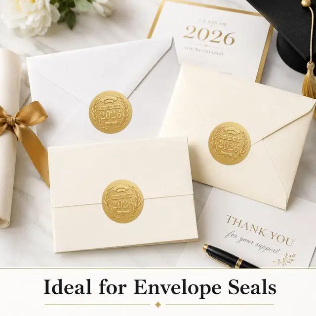 Alt view image 3 of 6 - Class of 2026 Graduation Stickers - 100 Pack Premium Matte Gold Embossed Labels - 1.6 Inch Round Self Adhesive Paper Seals for Invitations Envelopes Diploma Covers and Party Favors (Embossed)
