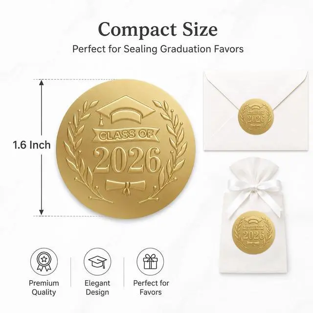 Alt view image 5 of 6 - Class of 2026 Graduation Stickers - 100 Pack Premium Matte Gold Embossed Labels - 1.6 Inch Round Self Adhesive Paper Seals for Invitations Envelopes Diploma Covers and Party Favors (Embossed)