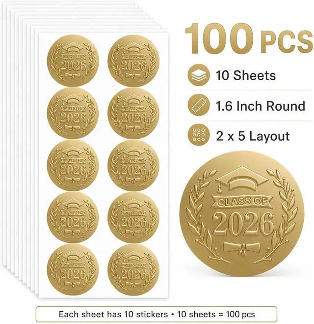 Alt view image 4 of 6 - Class of 2026 Graduation Stickers - 100 Pack Premium Matte Gold Embossed Labels - 1.6 Inch Round Self Adhesive Paper Seals for Invitations Envelopes Diploma Covers and Party Favors (Embossed)