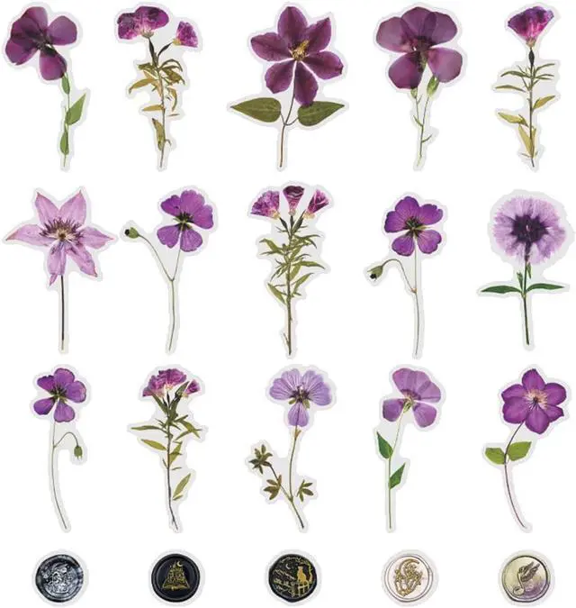 Main image of PET Transparent Purple Dried Flower Wax Seal Stickers, 40pcs | Waterproof, Clear Floral Vinyl Sticker Decals Bulk for Scrapbooking Crafts Wall Water Bottles Envelopes Cars Journaling