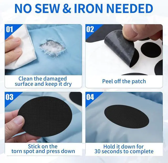 Alt view image 4 of 7 - 48Pcs Self-Adhesive Fabric Repair Patches, Waterproof Nylon Tent Repair Kit, Heavy Duty No-Sew Gear Tape for Down Jacket, Sleeping Bag, Clothes, Instant Fix, Black