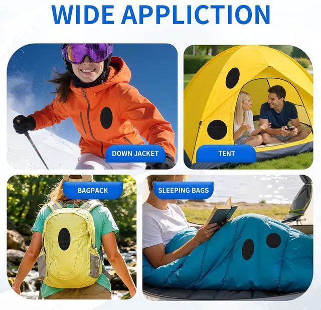 Alt view image 6 of 7 - 48Pcs Self-Adhesive Fabric Repair Patches, Waterproof Nylon Tent Repair Kit, Heavy Duty No-Sew Gear Tape for Down Jacket, Sleeping Bag, Clothes, Instant Fix, Black